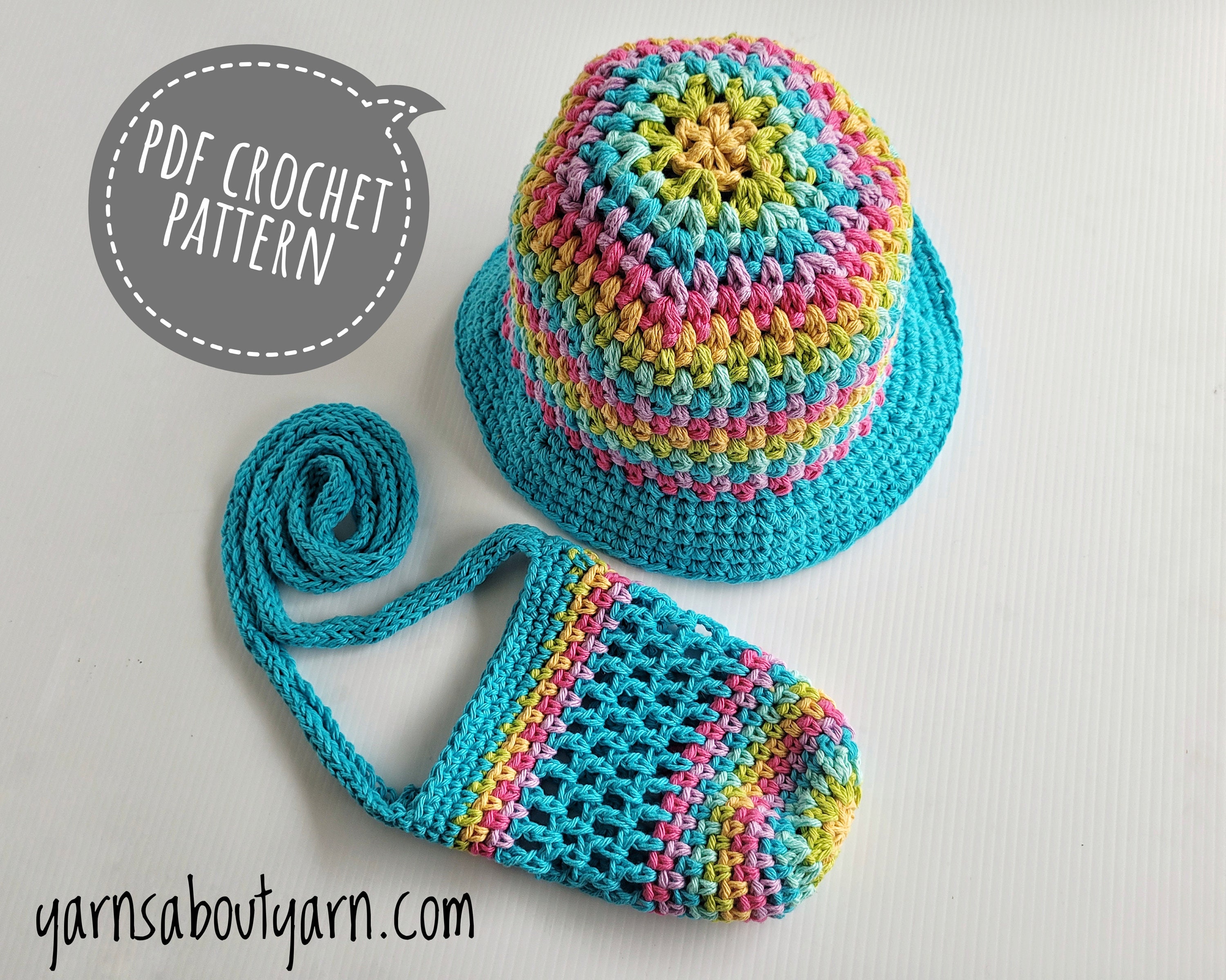 Bucket of Happiness Hat & Bag of Happiness / Crochet Bucket Hat / Crochet Water Bottle Carrier / Crochet Phone Bag