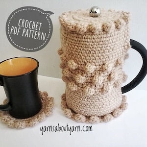 May include: Crochet pattern for a beige coffee pot cozy with a textured design. The pattern is available as a PDF download. The image also shows a matching crochet coaster.