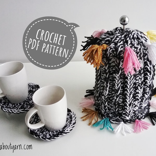 Crochet Boho French Press Cozy Set Pattern |  Coffee Cover Pattern | Boho home decor | Boho Cup Cozy | Mug Rug | French Press Cover |