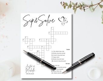 Peut inclure: Un jeu de mots croisés imprimable avec le titre "Sip & Solve" et le texte "Justin & Michelle 09.09.2024". Le jeu de mots croisés comporte 11 indices, avec 5 mots en travers et 6 mots en descendant.