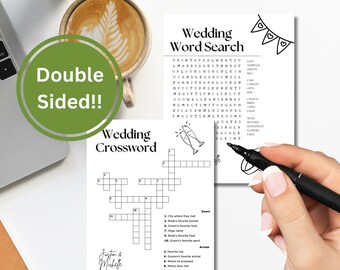 May include: A printable wedding word search and crossword puzzle game. The word search features the words "love", "marriage", "groom", "wedding", "church", "gifts", "pictures", "flowers", "cake", "dance", "party", and more. The crossword puzzle has clues related to the wedding, such as the city where the couple met, the bride's favorite animal, and the groom's favorite sport.