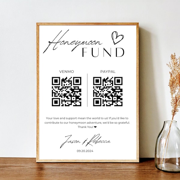 Honeymoon Fund Editable and Downloadable Canva Template | Two Sizes Included 5x7" and 8x10" Card | QR Code For Venmo, Paypal etc