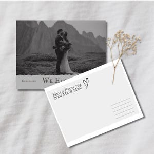 Modèle canva modifiable téléchargeable pour faire-part de fugue | Modèle de carte postale Nous nous enfuyons | Au format carte postale standard et 4 x 6 po.