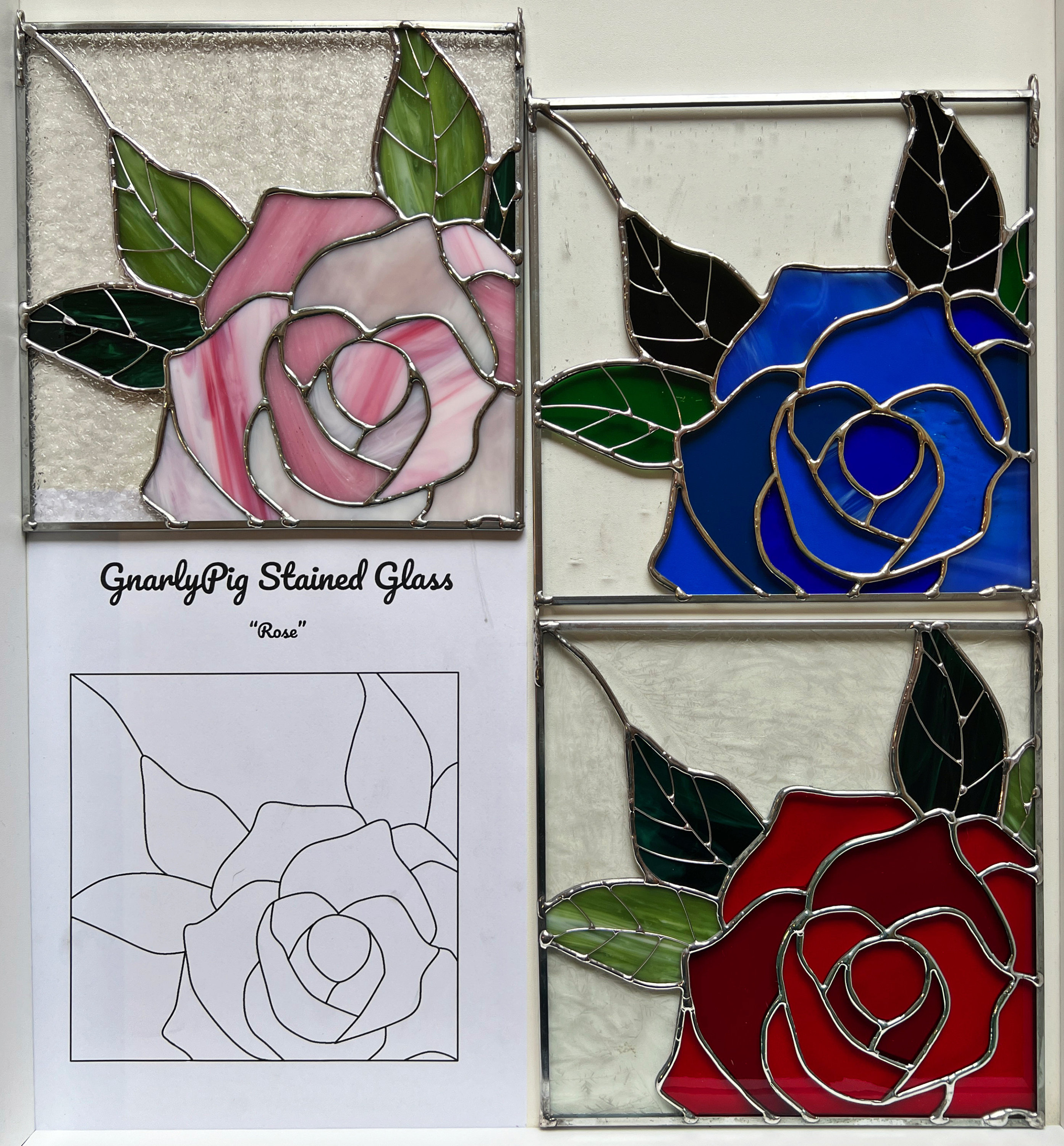 3 Roses Stained Glass Pattern Single Rose Stained Glass Pattern, Floral Glass Pattern, Stained Glass ...