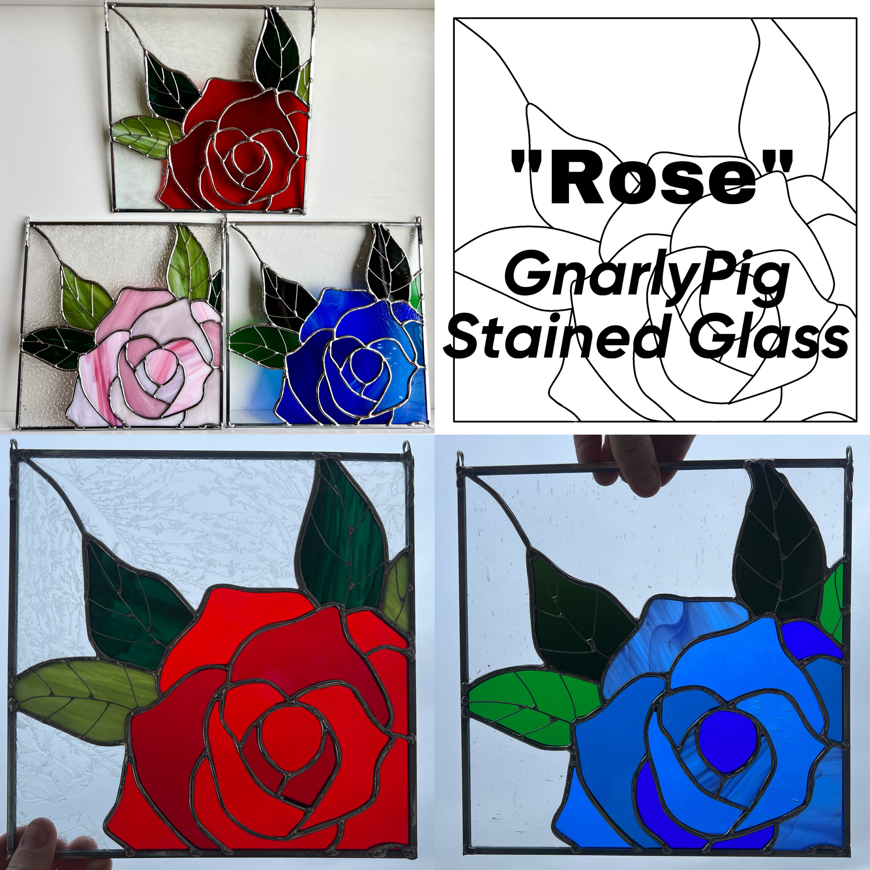 3 Roses Stained Glass Pattern Single Rose Stained Glass Pattern, Floral Glass Pattern, Stained Glass ...