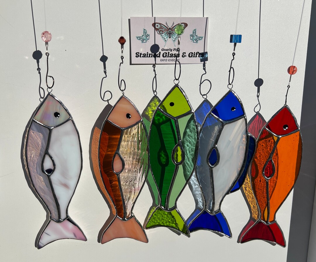 Hanging Stained Glass Fish Art on Hook Gift for Dad Fishermen Etsy