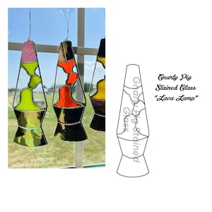 May include: Three stained glass lava lamp ornaments hanging in a window. The ornaments are yellow, orange, and green with black outlines. The text "Gnarly Pig Stained Glass "Lava Lamp"" is written below the image of a single lava lamp ornament.