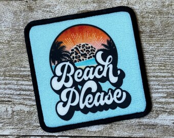 Beach Please square patch with black border