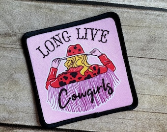 Long Live Cowgirls square hat patch with black border