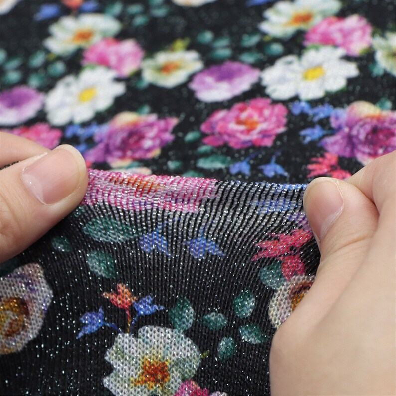 Vintage Floral Printed 4 Way Stretch Tinsel Silver Knit Fabric Etsy