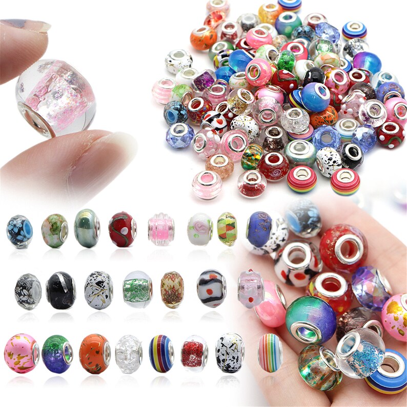 100pcs Random Pattern European Beads Large Hole Beads for Bracelet Jewelry Making