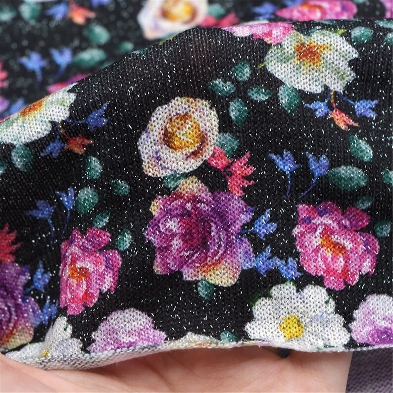 Vintage Floral Printed 4 Way Stretch Tinsel Silver Knit Fabric Etsy