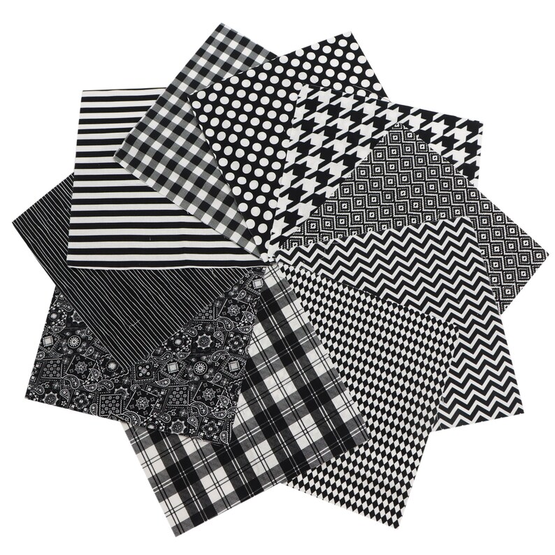 10pcs Black Series Geometric Patterned Polyester Cotton Fabric Craft Fabric Bundles for Patchwork Sewing DIY Projects