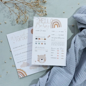 DIGITAL ZUM RUNTERLADEN  Babyparty Spiel Karte Ratekarte Wünsche Ausfüllkarten Set Babyshower Boho,Regenbogen Teddy