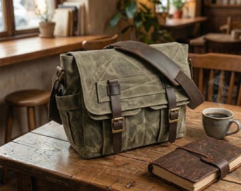 Mens Vintage Waxed Canvas Messenger Bag, Leather Crossbody Tablet Satchel, Waterproof Work Bag, Personalized Gift for Him