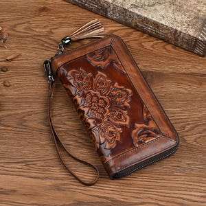 Cartera de cuero personalizada para mujer: cartera grande con cremallera y correa para la muñeca, regalo para ella, regalo para el día de la madre, cartera con ranuras para tarjetas