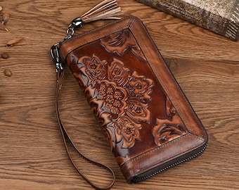 Gepersonaliseerde leren portemonnee voor dames – grote portemonnee met ritssluiting en polsband, cadeau voor haar, Moederdagcadeau, clutch met kaartsleuven
