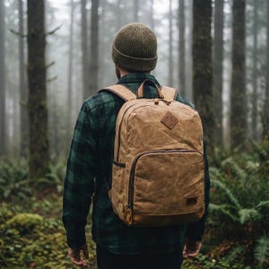 Peut inclure: Un sac à dos en toile cirée marron avec un fond en cuir et un petit patch en cuir. Le sac à dos a une poche avant et une poignée supérieure. La personne porte une chemise à carreaux verte et noire et un bonnet vert. L'arrière-plan est une forêt brumeuse.
