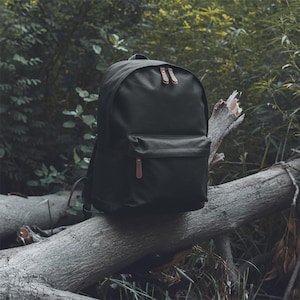 May include: A black backpack with a front pocket and brown leather zipper pulls. The backpack is sitting on a fallen tree in a forest setting. The bag has a simple, classic design.