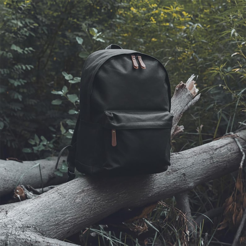 May include: A black backpack with a front pocket and brown leather zipper pulls. The backpack is sitting on a fallen tree in a forest setting. The bag has a simple, classic design.
