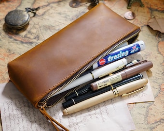 Large Leather Pencil Case | Personalized Zipper Pen Pouch | Crazy Horse Leather Stationery Holder | Student & Artist Tool Bag | Office Gift