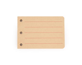 Può includere: Un biglietto indice rettangolare color beige con angoli arrotondati. Presenta tre fori sul lato sinistro e quattro linee orizzontali rosse. Il biglietto è vuoto.