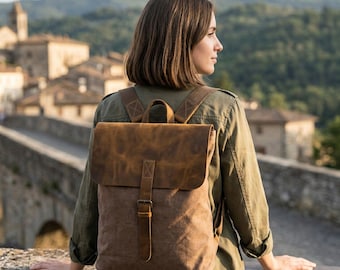 Vintage Canvas and Leather Backpack for Women, Minimalist 13" Laptop Daypack, Casual Travel Rucksack, School Bag, Handmade Gift for Her
