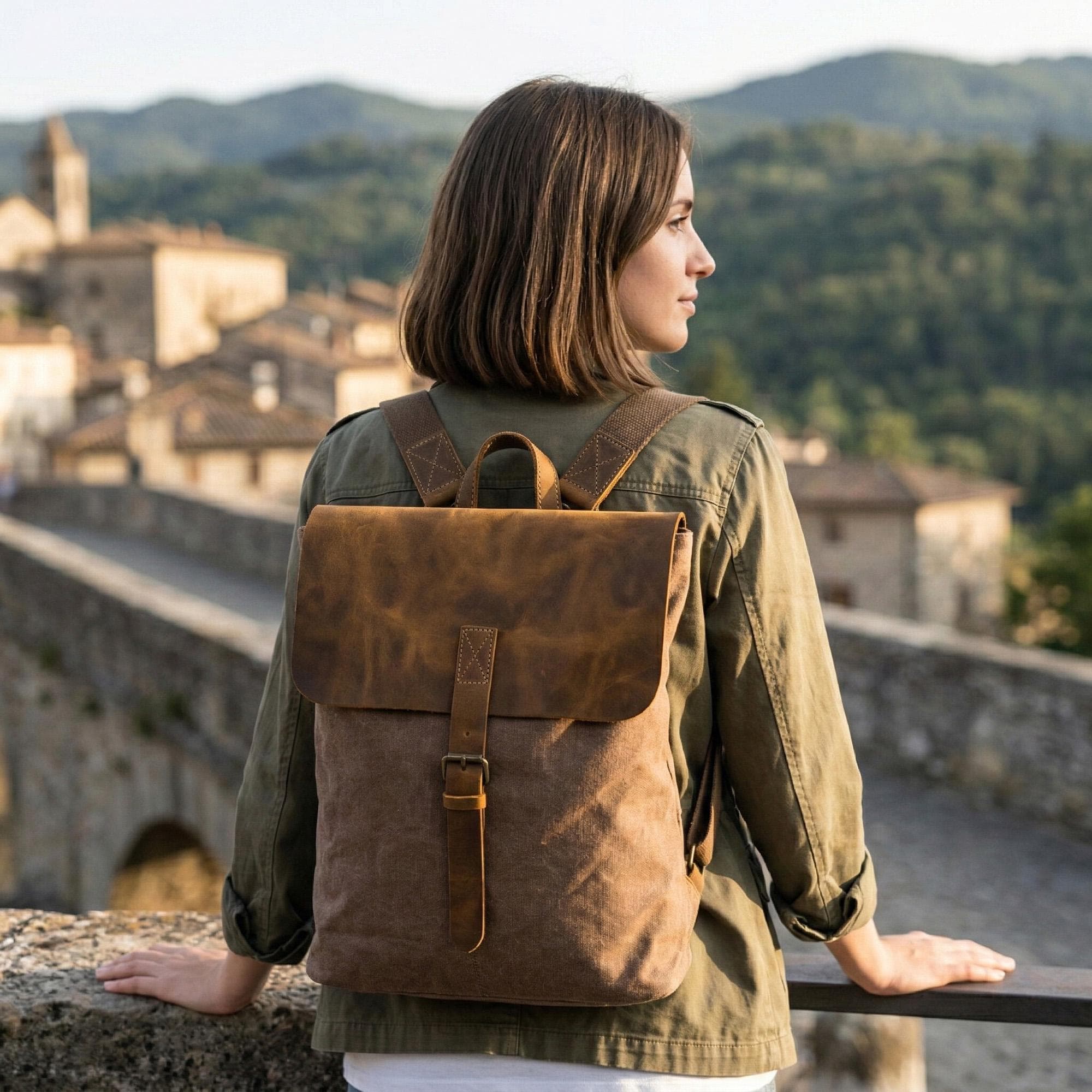 Canvas Leather Backpack Women 13 Laptop Bag Vintage Minimalist…