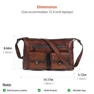 Op de afbeelding: Bruine leren schoudertas met meerdere vakken en een schouderband. De tas is 36 cm breed, 22 cm hoog en 13 cm diep. Hij kan een 13,3-inch laptop bevatten.