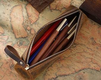 Handmade Genuine Leather Pencil Case, Zipper Pen Pouch, Slim Leather Stationery Holder, Personalized Gift for Writers, Students & Artists