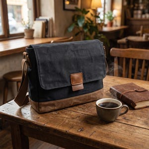 Op de afbeelding: Een zwarte canvas messenger bag met een bruine leren flap en basis staat op een houten tafel. Een bruin leren notitieboek en een kopje koffie staan ook op de tafel.