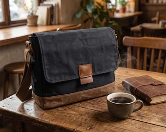 Messengertas van gewaxt canvas, waterdichte crossbodytas, unisex vintage schooltas, 12-inch laptoptas, Crazy Horse-leer, gepersonaliseerd cadeau