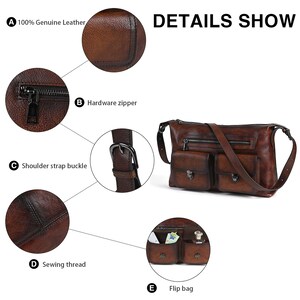 Op de afbeelding: Close-up details van een bruine leren schoudertas met meerdere vakken en een ritssluiting. De tas heeft hardware-accenten, een schouderriemgesp en stikdetails. De tekst "DETAILS SHOW" is zichtbaar bovenaan de afbeelding.