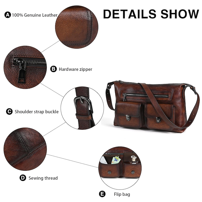 Op de afbeelding: Close-up details van een bruine leren schoudertas met meerdere vakken en een ritssluiting. De tas heeft hardware-accenten, een schouderriemgesp en stikdetails. De tekst "DETAILS SHOW" is zichtbaar bovenaan de afbeelding.