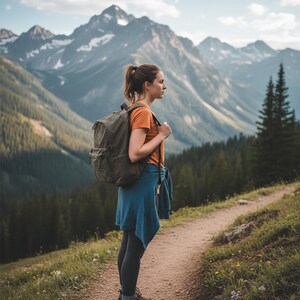 May include: A woman wearing an orange shirt, blue sweater, and black leggings stands on a dirt path, with a backpack. Brown hiking boots are visible. The background features a mountain range with snow-capped peaks and a forest.