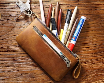 Large Leather Pencil Case with Side Pocket | Crazy Horse Leather Pen Pouch for Men Women | Vintage Large Stationery Organizer Zipper