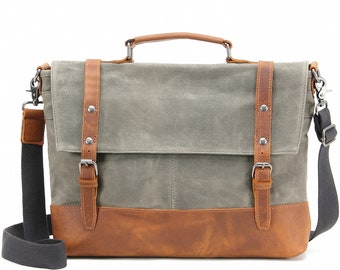 Canvas Leather Briefcase Laptop Bag, Business Handbag Men's Messenger Laptop Computer Shoulder Stylish Retro, Crossbody Shoulder Bag