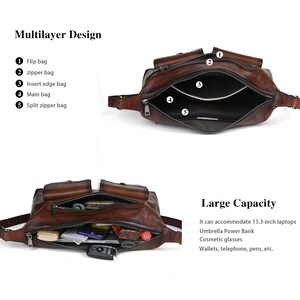 Op de afbeelding: Een bruine leren schoudertas met meerdere vakken en ritsen. De tas is open om het interieur te laten zien, dat verschillende vakken en een ritsvak heeft. De tas is gelabeld met "Multilayer Design" en "Large Capacity".
