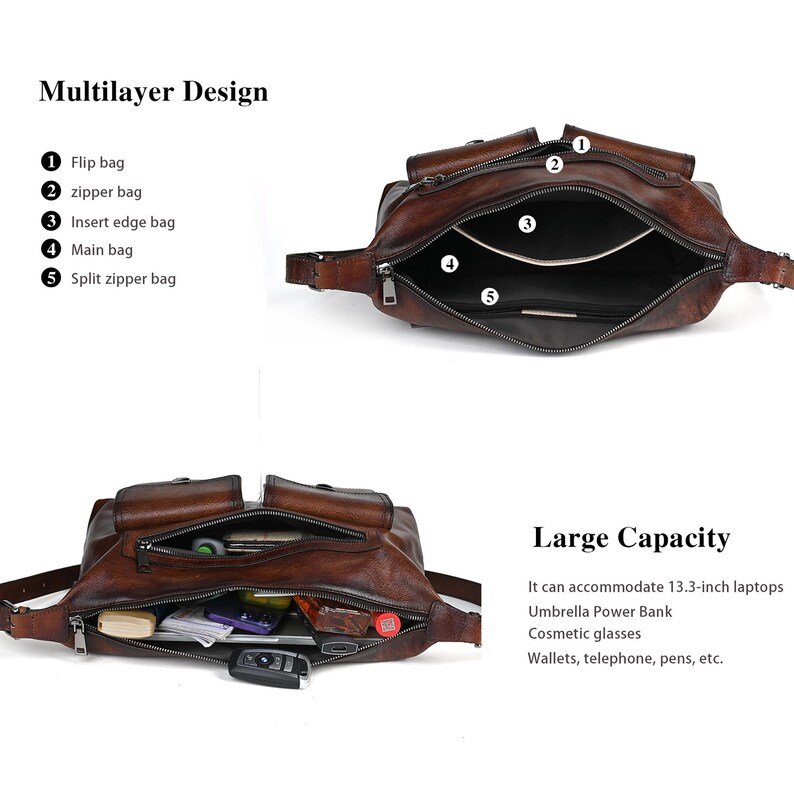 Op de afbeelding: Een bruine leren schoudertas met meerdere vakken en ritsen. De tas is open om het interieur te laten zien, dat verschillende vakken en een ritsvak heeft. De tas is gelabeld met "Multilayer Design" en "Large Capacity".
