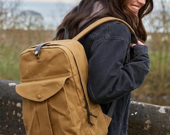 Vintage Waxed Canvas Rucksack, Travel Backpack, Casual Unisex Canvas Bag for Work, Hiking, School, Durable Leather Details, Gift for Her