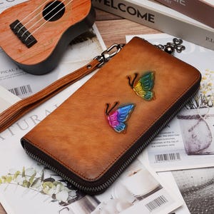 Leather wallet women – Vintage Butterfly Embossed Clutch, Large leather wallet with Ziparound wallet with wrist strap - gifts for her