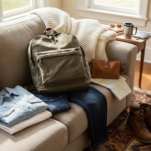 May include: An olive green backpack, denim jeans, and a light blue denim shirt are arranged on a beige sofa. A brown leather purse, a map, and a pair of brown leather boots are also visible. A white blanket and a small side table with a mug and book complete the scene.