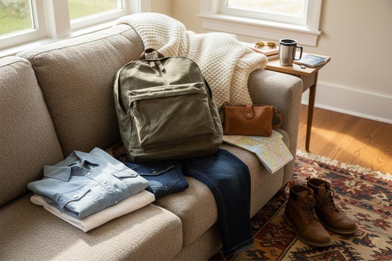 May include: An olive green backpack, denim jeans, and a light blue denim shirt are arranged on a beige sofa. A brown leather purse, a map, and a pair of brown leather boots are also visible. A white blanket and a small side table with a mug and book complete the scene.