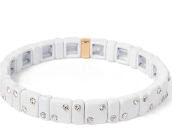 White Enamel Rhinestone Tile Stackable Stretch Bracelet