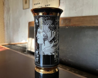 Endre Szász Fine Porcelain Vase, Art Deco Design Home Accents, White/Black/Gold Glaze, Holloóháza Luxury Pottery, Face Surrealism Art, 60s