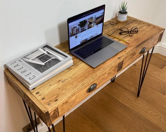 study table organizer Handmade Narrow Writing Desk with Drawers - Rustic Computer Workstation - Office Bureau. Reclaimed/Upcycled Industrial Pallet Wood Furniture