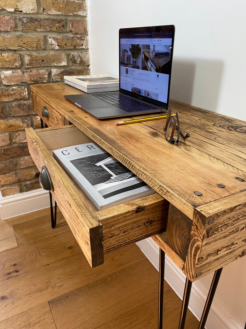 Handmade Narrow Writing Desk With Drawers Rustic Computer Etsy