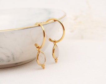 Moonstone Drop Earrings 925 Silver Gold Plated | Half hoop earrings with gemstone charm pendant | Hoop earrings with plug