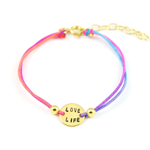 Armband love life | 925 Silber vergoldet |  Neon Nylon Regenbogen | Handgestempelt | Gravurarmband | positive Affirmation