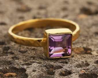Amethyst Gold Plated Ring, hammed band ring